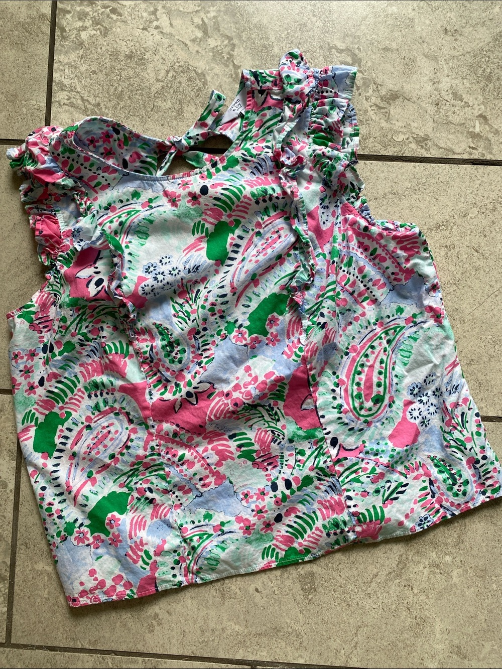 crown & ivy Pink, Green, Blue and White Paisley Ruffle Cotton Top